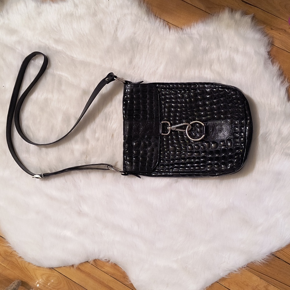 THE TREND Crossbody Bag Purse Croc Embossed black Leather ITALY.